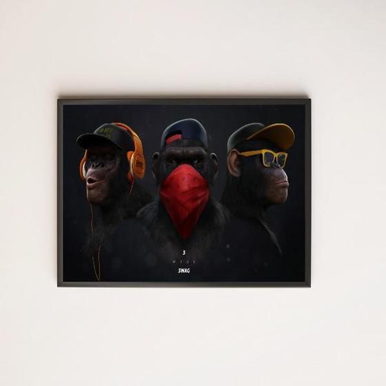 Imagem de Quadro Three Wise Modern Monkeys 45X34Cm Com Vidro Preta