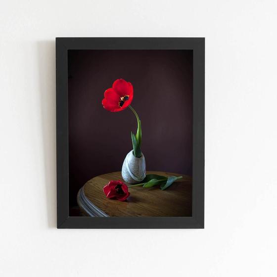 Imagem de Quadro Tulipa Vermelha Em Vaso Pintura Moldura Preta 60X40Cm