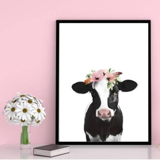 Imagem de Quadro Vaca Flores 33X24Cm - Com Vidro - Madeira Preta
