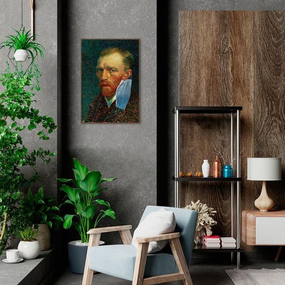 Imagem de Quadro Van Gogh de Máscara Pandemia 60x43 Filete Marrom Moldura Filete, Marrom Cafe