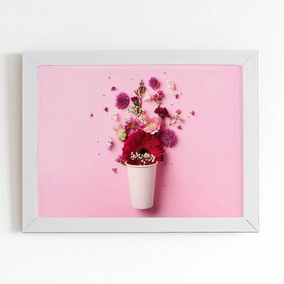 Imagem de Quadro Vaso Flores Rosa Minimalista Moldura Branca 60x40cm