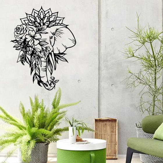 Imagem de Quadro Vazado Elefante Florido Escultura de Parede Animal Selva MDF Preto Decorativo