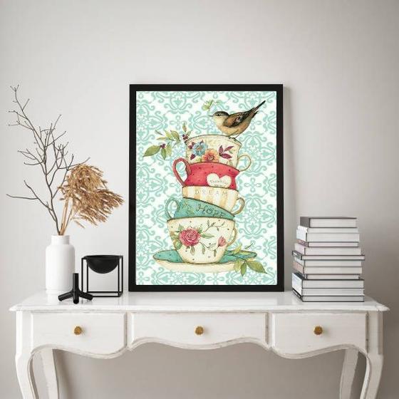 Imagem de Quadro Vintage Cozinha Xícaras Com Passarinho 24x18cm - com vidro