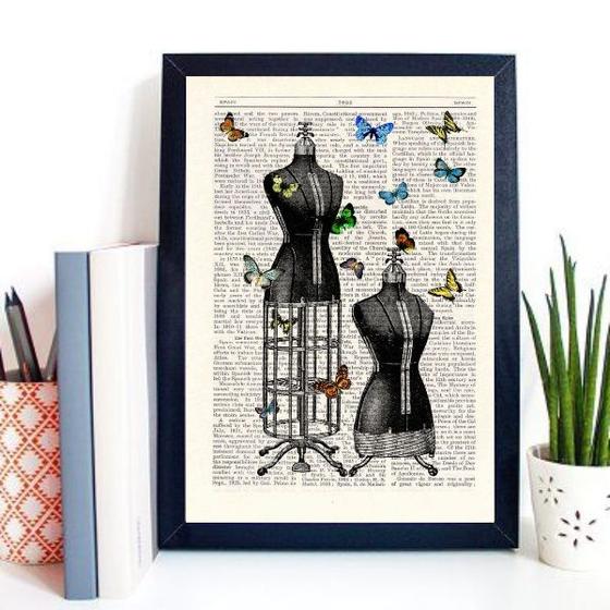 Imagem de Quadro Vintage Manequins Costura Borboletas 24x18cm - com vidro