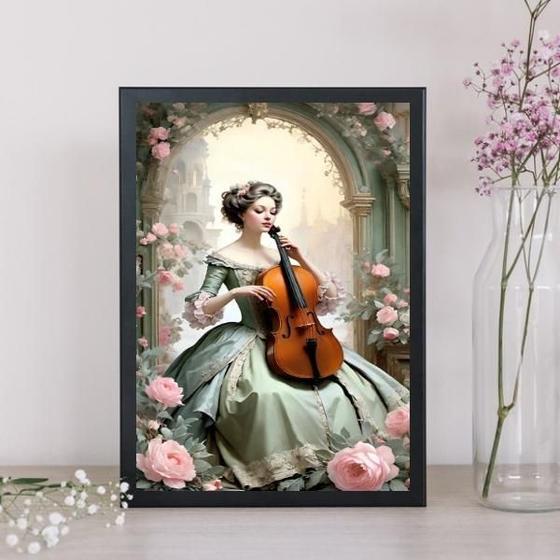 Imagem de Quadro Vintage Mulher Com Violino 45X34Cm - Com Vidro