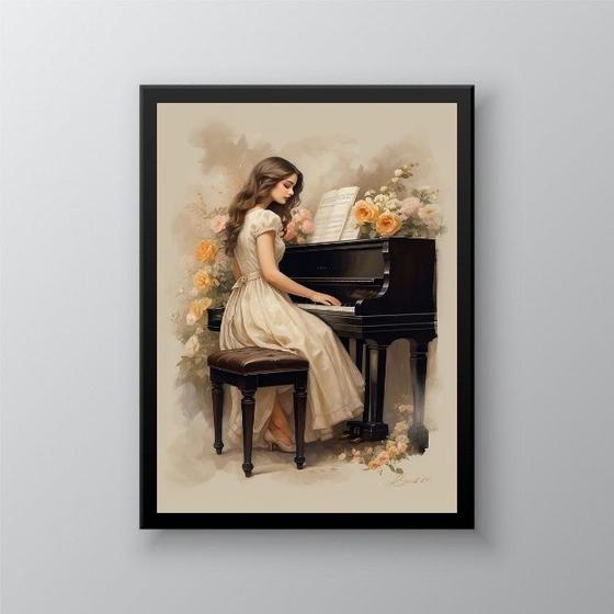 Imagem de Quadro Vintage Mulher Tocando Piano 45x34cm - com vidro