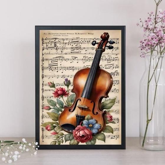 Imagem de Quadro Vintage Violino Com Flores 45X34Cm - Com Vidro