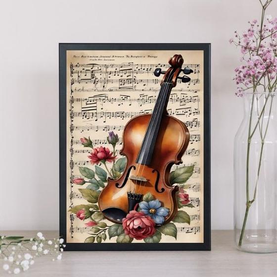 Imagem de Quadro Vintage Violino Com Flores 45x34cm - com vidro