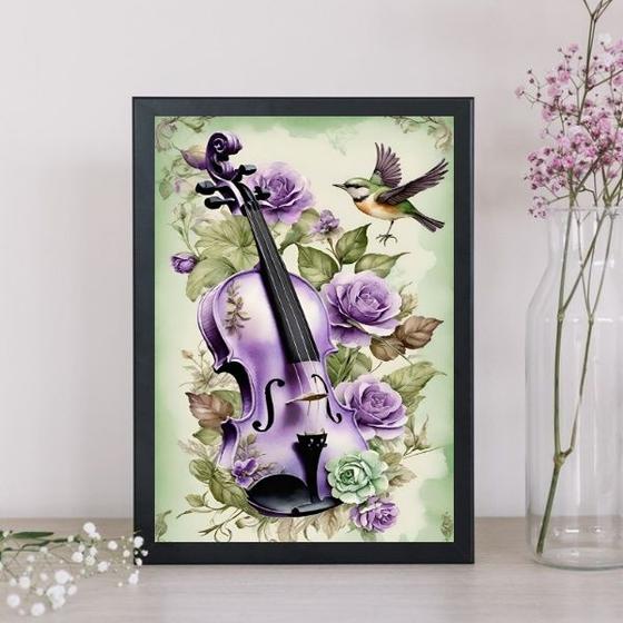 Imagem de Quadro Vintage Violino Com Passarinho 24x18cm - com vidro