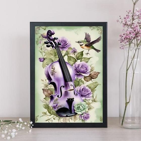 Imagem de Quadro Vintage Violino Com Passarinho 45X34Cm - Com Vidro