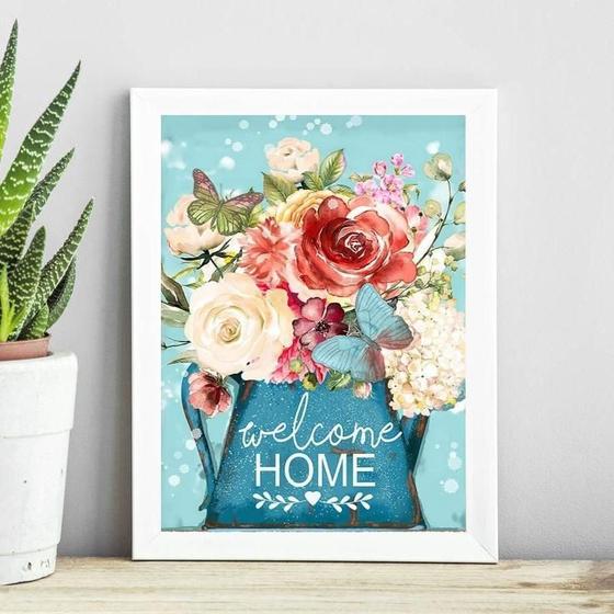 Imagem de Quadro Welcome Home - Flores E Borboleta 24X18Cm - Com Vidro