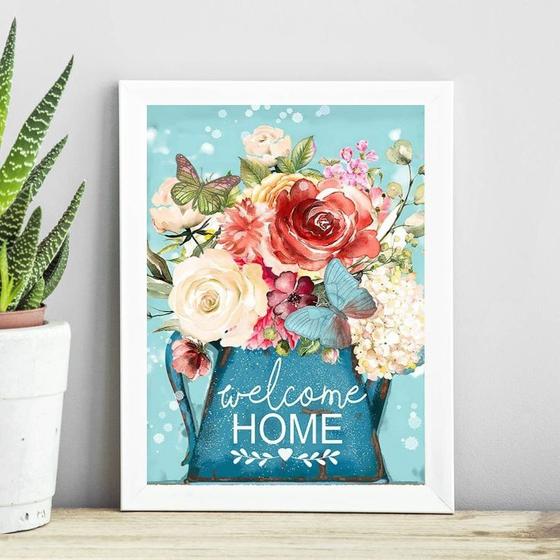 Imagem de Quadro Welcome Home - Flores e Borboleta 45x34cm - com vidro