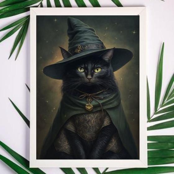 Imagem de Quadro Witchy Black Cat 33x24cm - Vidro - Madeira Branca