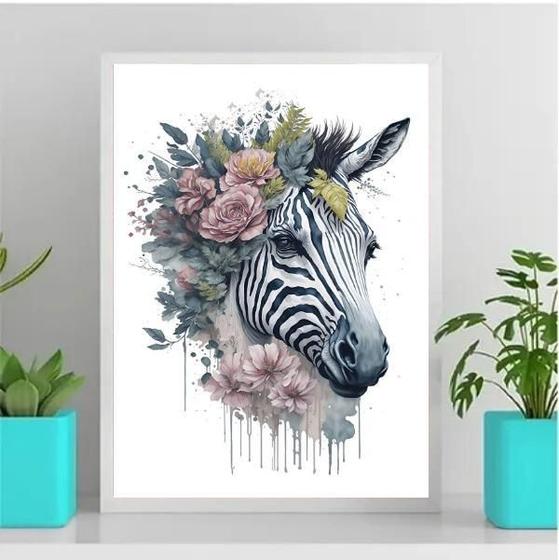 Imagem de Quadro Zebra Aquarela 45x34cm - Vidro - Moldura Branca