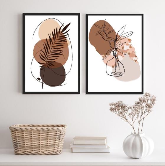 Imagem de Quadros Abstratos Manchas Marrom Folhas 45x34cm - Com Vidro