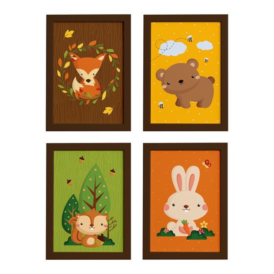 Imagem de Quadros Animais do Outono Kit 4un Moldura Marrom 22x32cm