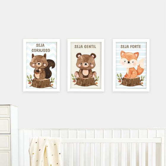 Imagem de Quadros Bosque dos Animais Cute 3 Peças Com Moldura Quarto Menino Decorativo