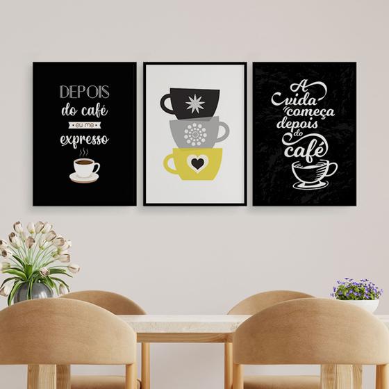 Imagem de Quadros Cantinho Café Xícaras Decoração Kit 3 Peças 20x28cm