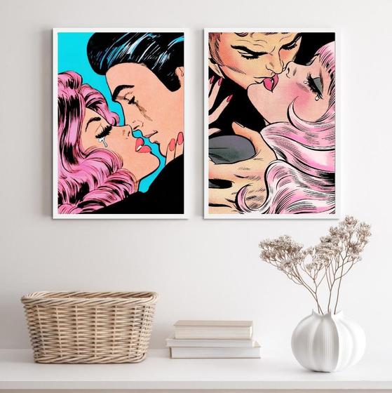 Imagem de Quadros Casais Beijo Pop Art 33x24cm - Com Vidro e Moldura Preta