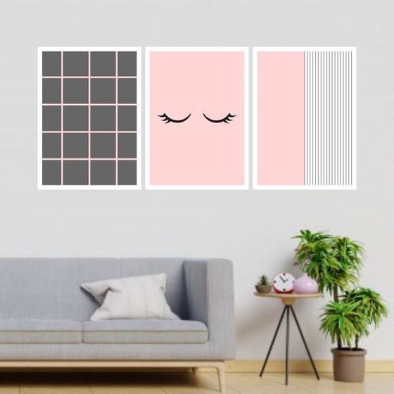 Imagem de Quadros Cílios Listras Rosa Moldura Branca 24X18Cm 3 Peças