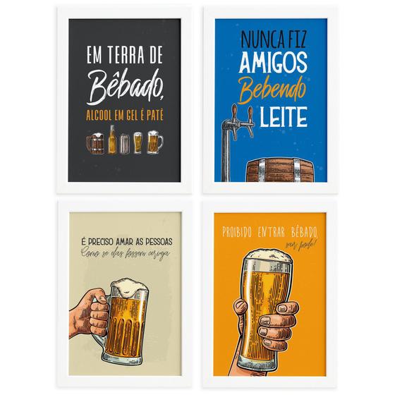 Imagem de Quadros com Frases Cerveja Moldura Branca 22x32cm Kit 4un