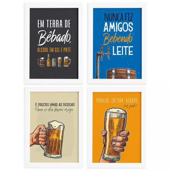 Imagem de Quadros com Frases Cerveja Moldura Branca 33x43cm Kit 4un