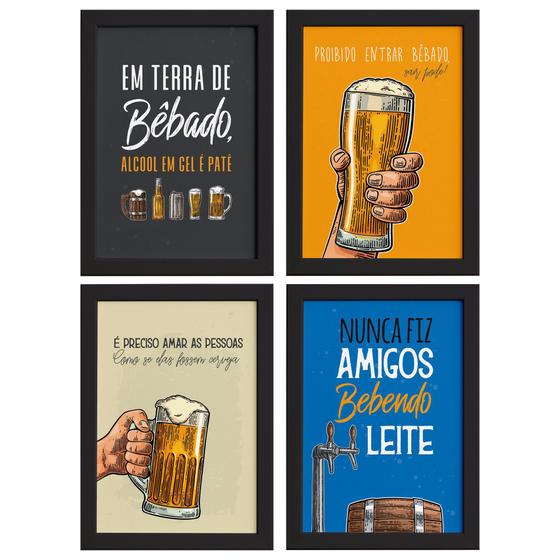 Imagem de Quadros com Frases Cerveja Moldura Preta 22x32cm Kit 4un