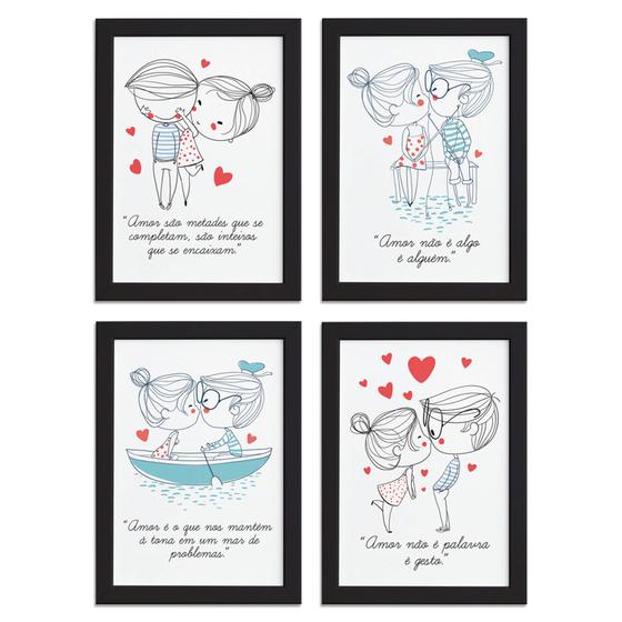 Imagem de Quadros com Frases Namorados Moldura Preta 22x32cm Kit 4un