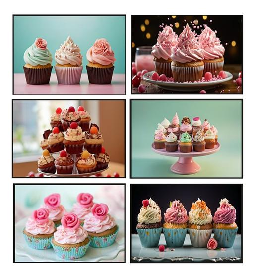 Imagem de Quadros Confeitaria Bolos Cupcakes Decorados Kit 6 Peças