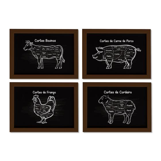 Imagem de Quadros Cozinha Cortes de Churrasco Moldura Marrom 22x32cm Kit 4un