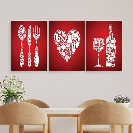 Imagem de Quadros Cozinha Decoração Vermelho Coração Vinho Kit 3 Peças