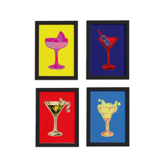 Imagem de Quadros Cozinha Pop Drinks Moldura Preta 33x43cm Kit 4un