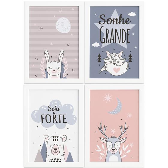 Imagem de Quadros Decoração Escandinava Infantil 4un Moldura Branca 22x32