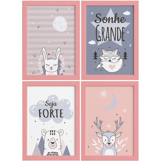 Imagem de Quadros Decoração Escandinava Infantil 4un Moldura Rosa 22x32