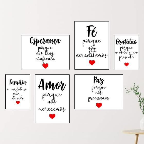 Imagem de Quadros Decoração Sala Família Amor Gratidão Fé Kit 6 Peças