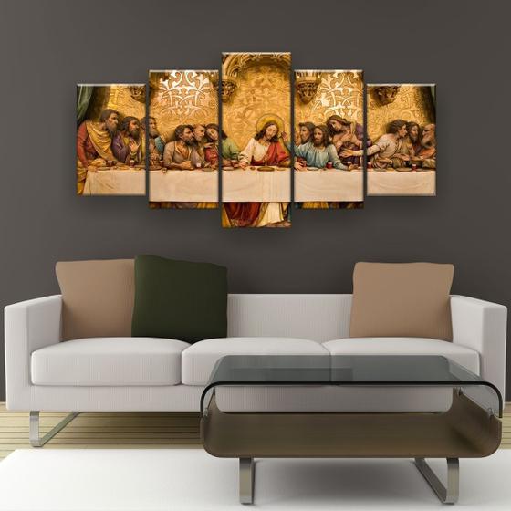 Imagem de Quadros Decorativo Santa Ceia Dourada 5 Peças Kit 130x65