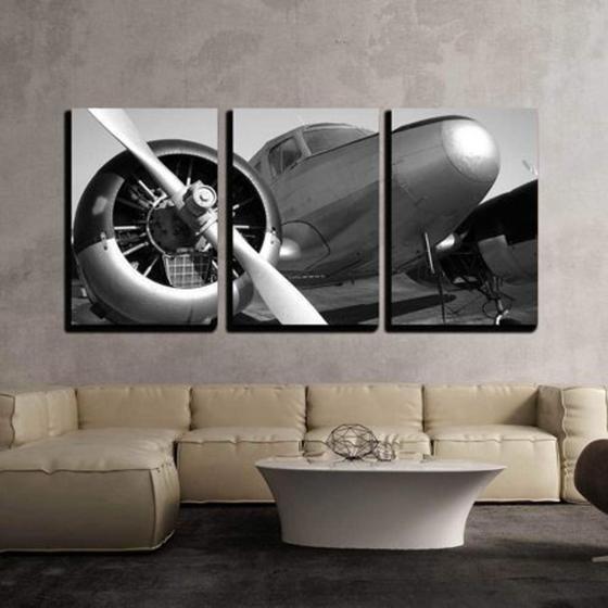 Imagem de Quadros Decorativos 3 Peças Avião Preto Branco Antigo