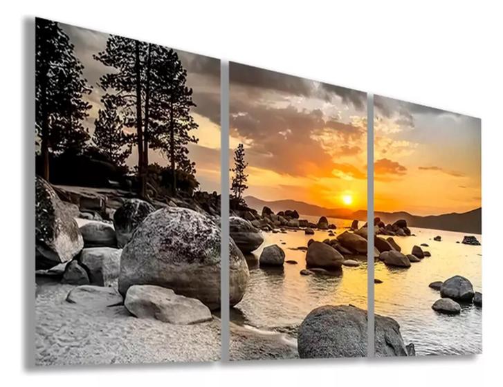 Imagem de quadros decorativos 4 k Pôr Do Sol Mar Árvore Rochas"