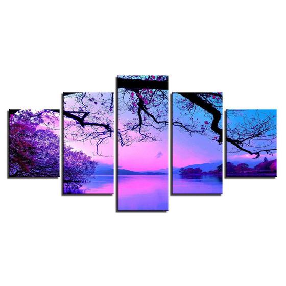 Imagem de Quadros Decorativos 5 Peças Paisagem Rosa Natureza Lago