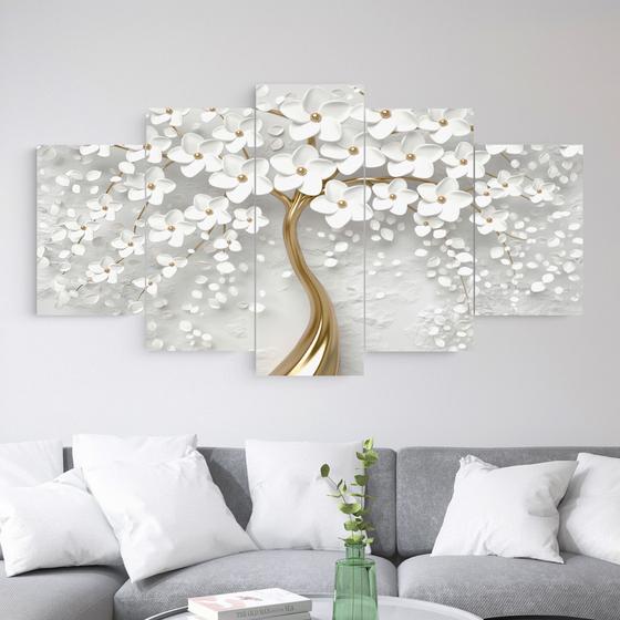 Imagem de Quadros Decorativos Árvore Cerejeira Branca Dourado Mosaico 5 Peças Sala Quarto