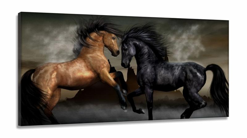 Imagem de Quadros Decorativos Cavalos Marrom em Tecido Canvas 130x60