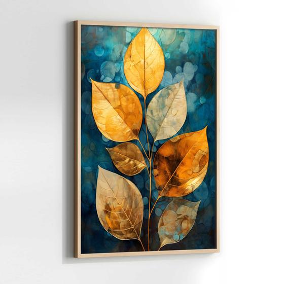 Imagem de Quadros Decorativos com com Moldura Abstrato Planta Folhas Dourada Azul Verde Vertical para Sala Quarto Decoração