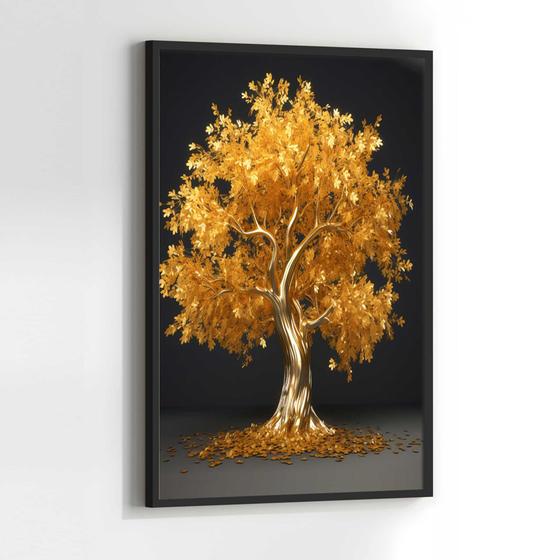 Imagem de Quadros Decorativos com com Moldura Árvore Dourada Fundo Preto Vertical para Sala Quarto Decoração