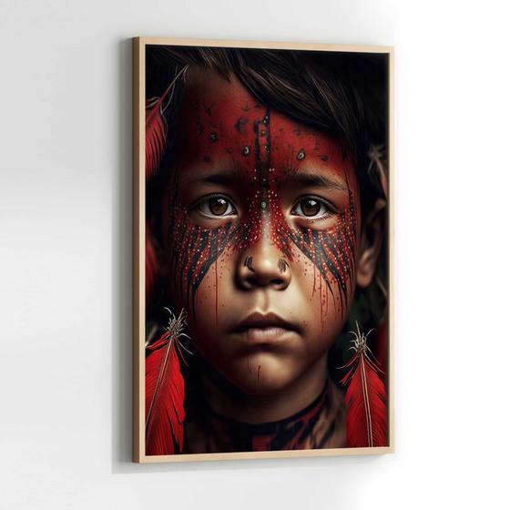 Imagem de Quadros Decorativos com com Moldura Indio Rosto  Amazonas  Vertical para Sala Quarto Decoração