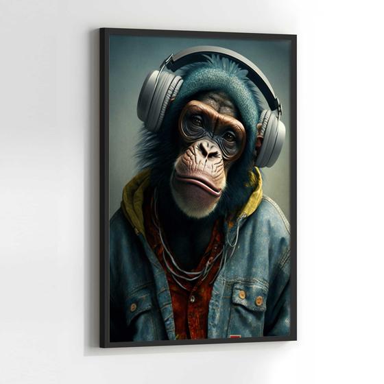 Imagem de Quadros Decorativos com com Moldura Macaco Rapper Fone  Vertical para Sala Quarto Decoração