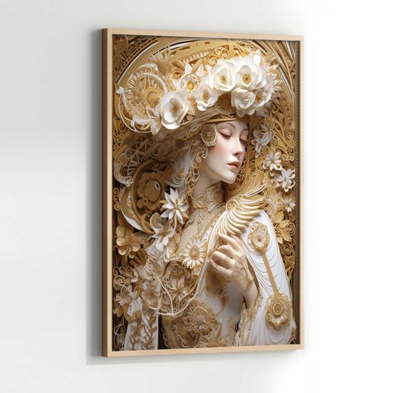 Imagem de Quadros Decorativos com com Moldura Mulher Arte Classica Dourada Vertical para Sala Quarto Decoração