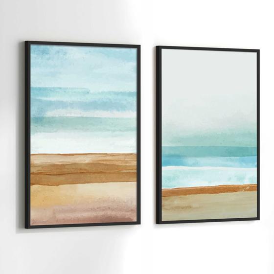 Imagem de Quadros Decorativos com Moldura  Abstrato Praia Azul Marrom  Sala Quarto Kit Conjunto 2