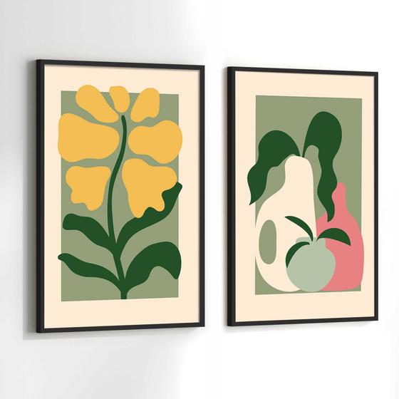 Imagem de Quadros Decorativos com Moldura  Cozinha Floral Frutas Sala Quarto Kit Conjunto 2