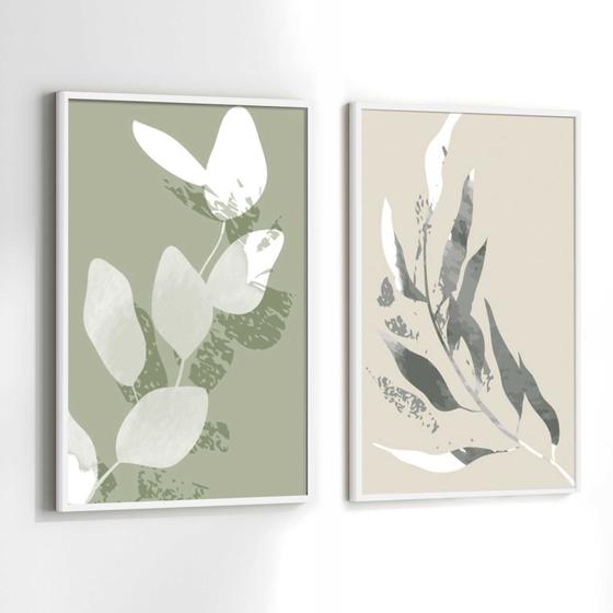 Imagem de Quadros Decorativos com Moldura  Folhas Tons Verde e Bege  Sala Quarto Kit Conjunto 2