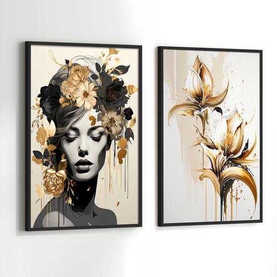 Imagem de Quadros Decorativos com Moldura  Mulher Folhas Douradas luxo Abstrato Sala Quarto Kit Conjunto 2